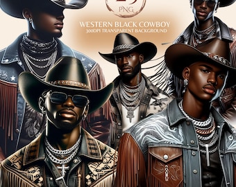 Puede incluir: Ilustración digital con múltiples imágenes de vaqueros negros con sombreros, chaquetas vaqueras con flecos y collares plateados. El texto "WESTERN BLACK COWBOY 300DPI TRANSPARENT BACKGROUND" es visible. La imagen tiene un recuento de archivos PNG de 25.