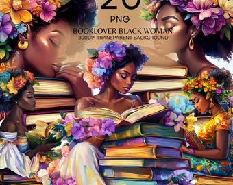 Booklover Flower Black Woman Png Reading Girl Bundle Cliparts Bookworm Graphics African American Stickers Black People Afro Woman Designs