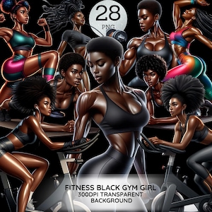 Fitness Black Gym Girl Png Bundle African American Exercise Workout Clipart Afro Woman Design Self Care Black Athletic Woman Graphic Sticker