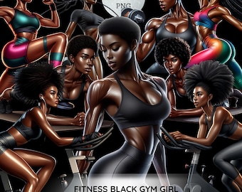 Fitness Black Gym Girl Png Bundle African American Exercise Workout Clipart Afro Woman Design Self Care Black Athletic Woman Graphic Sticker