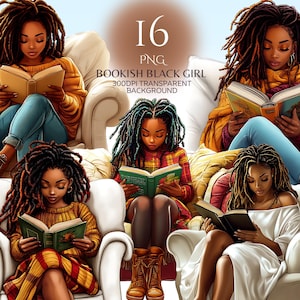Puede incluir: Cuatro chicas negras con largas rastas están sentadas en sillones y leyendo libros. Llevan ropa colorida y tienen diversas expresiones en sus rostros. La imagen está sobre un fondo marrón claro.
