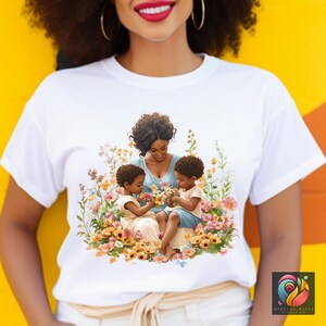 Black Mom And Kids Png Mother's Day Shirt Png Black People Mother Clipart African American Momma Stickers Afro Woman Family Png Design - showing the design in a female model wearing white shirt