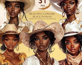 Beautiful Cowgirl Black Woman Western Png Bundle Black Girl African American Graphics Black People Afro Woman Cliparts Cowgirl Hat Stickers