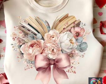 Paquete de diseños de corazones de libros florales PNG, imágenes prediseñadas para amantes de los libros, pegatinas de San Valentín, descarga digital de libros con flores.