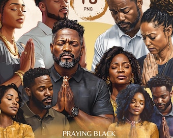 May include: A digital illustration set of 18 praying people. The people are Black and are depicted in a variety of poses with their hands clasped in prayer. The background is transparent.