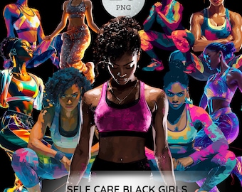 Self Care Black Girls Png Bundle African American Fitness Exercise Workout Clipart Afro Woman Gym Girl Design Athletic Woman Graphic Sticker