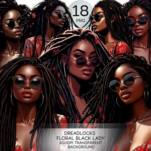 Dreadlocks Blommig Svart Dam Png Svart Flicka Clipart Afroamerikanskt Mode Svarta Människor Klistermärke Kvinnor Design Vacker Glam Kvinna Grafik