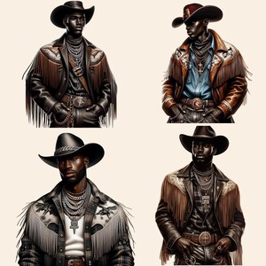 Western Black Cowboy Png Bundle Black Boy African American Male Clipart Black People Rodeo Sticker Afro Modern Man Cowboy Hat Graphic Design - showing the design images