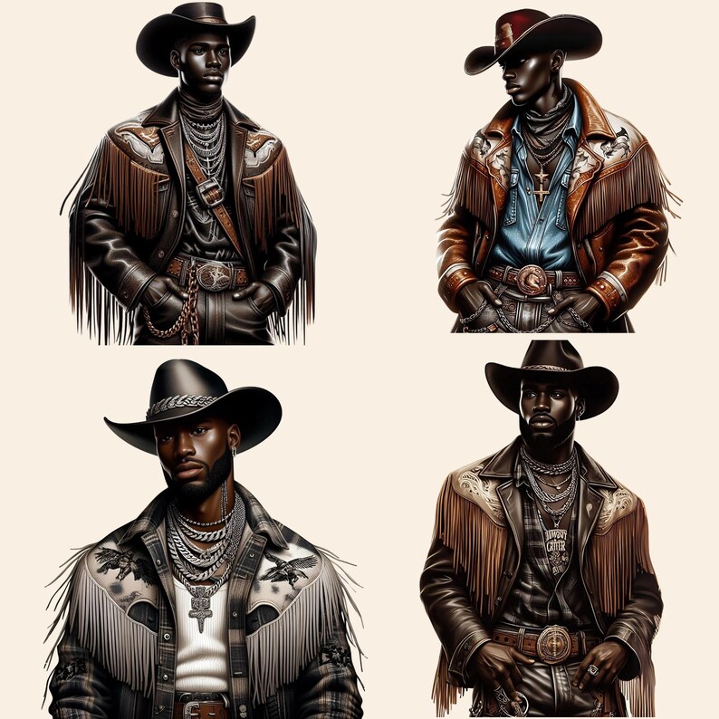 Western Black Cowboy Png Bundle Black Boy African American Male Clipart Black People Rodeo Sticker Afro Modern Man Cowboy Hat Graphic Design - showing the design images