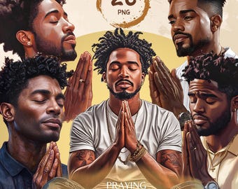 May include: Digital illustration of five black men with different hairstyles praying with their hands clasped together. The men are depicted with closed eyes and serene expressions. The background is a light yellow color with a brown circle containing the text "26 PNG". The text "Praying Black Man 300DPI Transparent Background" is at the bottom of the image.