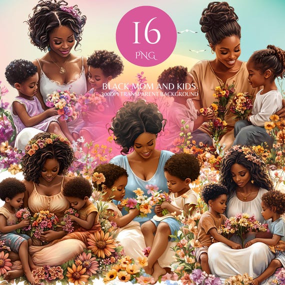 Black Mom And Kids Png Mother's Day Shirt Png Black People Mother Clipart African American Momma Stickers Afro Woman Family Png Design