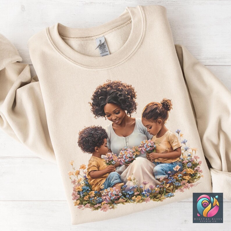 Black Mom And Kids Png Mother's Day Shirt Png Black People Mother Clipart African American Momma Stickers Afro Woman Family Png Design - showing the design in a sand colored sweatshirt mockup