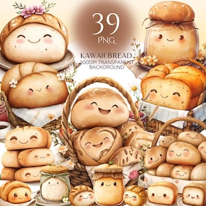 May include: 39 PNG images of cute cartoon bread in various shapes and sizes. The bread is illustrated in a kawaii style with smiling faces and rosy cheeks. The images are set against a white background with flowers and baskets.