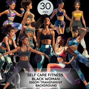 Self Care Fitness Black Woman Png Bundle African American Exercise Workout Clipart Afro Woman Gym Girl Design Athletic Woman Graphic Sticker