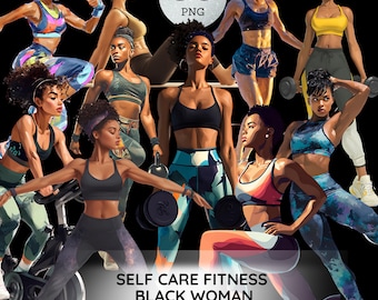 Self Care Fitness Black Woman Png Bundle African American Exercise Workout Clipart Afro Woman Gym Girl Design Athletic Woman Graphic Sticker