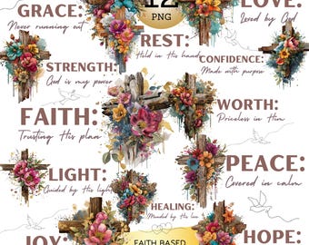 Puede incluir: Una colección de 12 diseños PNG de cruces florales. Cada cruz está hecha de madera envejecida y adornada con flores coloridas. El texto incluye palabras como "Gracia", "Amor", "Fe" y "Esperanza", junto con frases inspiradoras.