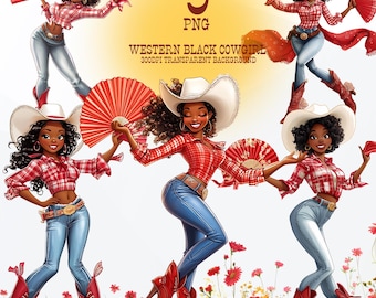 May include: Nine digital illustrations of a Black cowgirl wearing a red and white plaid shirt, blue jeans, and a cowboy hat. She is holding a red fan and is in various poses. The background is a white field with red flowers.