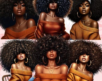 Può includere: Un set di sei illustrazioni digitali che rappresentano donne nere con grandi acconciature afro ricci. Le donne indossano maglioni arancioni e grandi orecchini a cerchio dorati. Le immagini hanno uno sfondo trasparente.