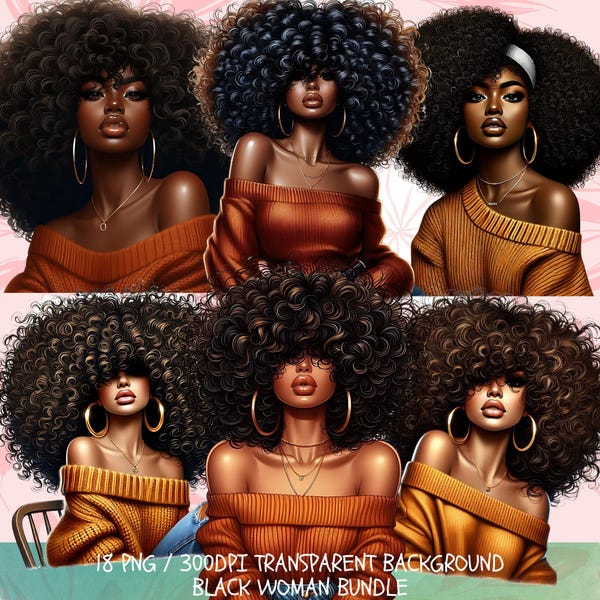 Black Woman, Bundle Png, Black Girl Png, African American Png, Black People, Afro Woman Women Png Designs, Afro Hair, Black Girl Graphics