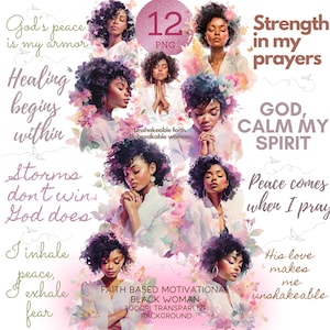 May include: A digital art collection featuring watercolor portraits of a Black woman with curly hair, surrounded by floral elements. The image includes inspirational text such as "God's peace is my armor" and "Healing begins within."