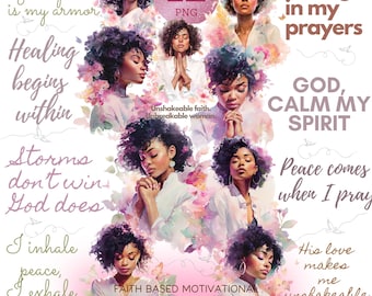 Faith Based Motivational Black Woman Png Bundle, Inspirational Afro Girl Positivity Cliparts, African American Women Affirmation Stickers