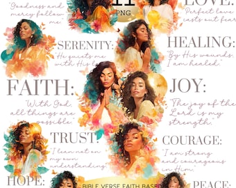 Bible Verse Faith Based Black Woman Png Bundle, Affirmation Afro Girl Positivity Clipart, African American Women Motivational Quotes Sticker