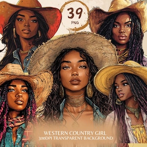 Western Country Girl Black Cowgirl Png Bundle Afro Black Woman Clipart Black Girl African American Designs Black People Cowboy Hat Stickers