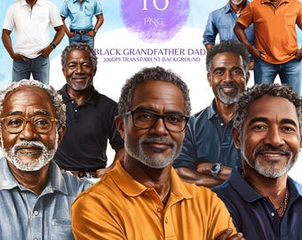 May include: Digital art featuring multiple portraits of a Black grandfather wearing glasses and various polo shirts and button-down shirts. The image includes the text "16 PNG" and "BLACK GRANDFATHER DAD 300DPI TRANSPARENT BACKGROUND".