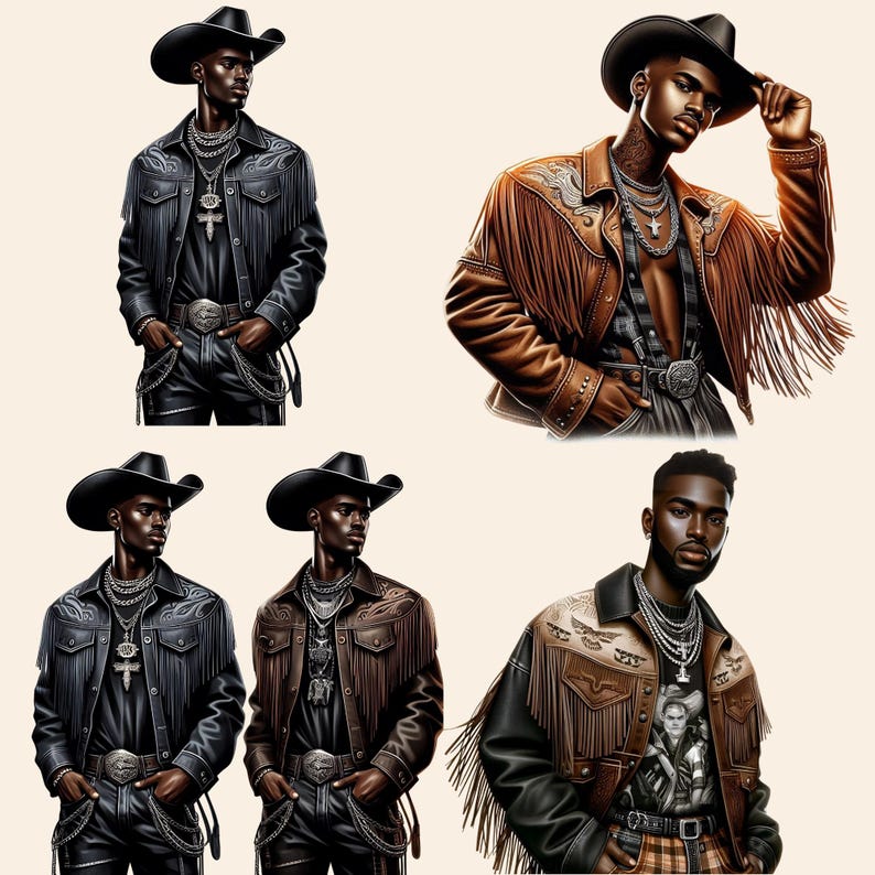 Western Black Cowboy Png Bundle Black Boy African American Male Clipart Black People Rodeo Sticker Afro Modern Man Cowboy Hat Graphic Design - showing the design images