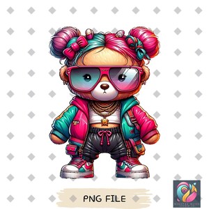 May include: A cartoon teddy bear with pink and blue hair, wearing sunglasses, a pink and teal jacket, black trousers, and white trainers. The bear has a gold chain necklace and a star-shaped pendant.