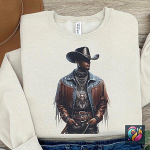 Western Black Cowboy Png Bundle Black Boy African American Male Clipart Black People Rodeo Sticker Afro Modern Man Cowboy Hat Graphic Design - showing the design image in a beige sweatshirt mockup