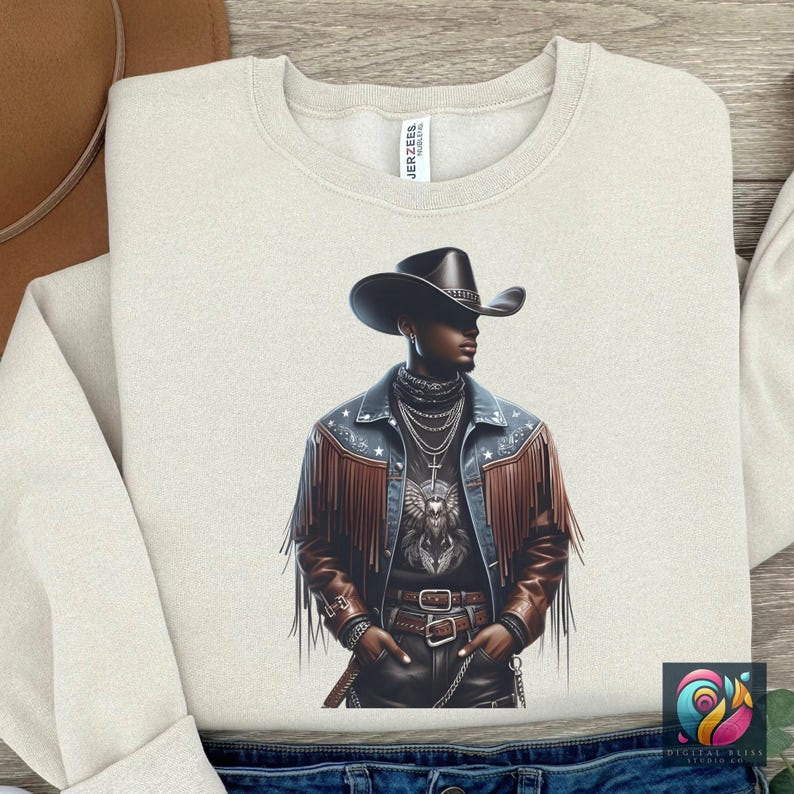 Western Black Cowboy Png Bundle Black Boy African American Male Clipart Black People Rodeo Sticker Afro Modern Man Cowboy Hat Graphic Design - showing the design image in a beige sweatshirt mockup