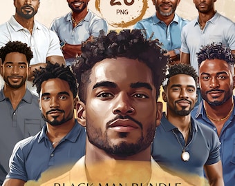 May include: A digital illustration bundle of 26 black men with different hairstyles and facial expressions. The illustrations have a 300 DPI resolution and transparent backgrounds.  "Black Man Bundle" and "300DPI Transparent Background" are written in the image.