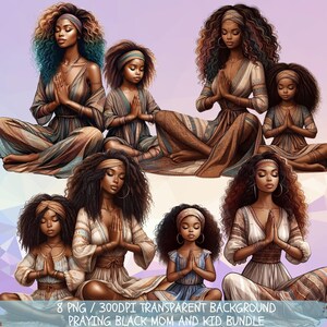 Praying Black Mom and Kid PNG Bundle: Boho Family Art (Digital Download)