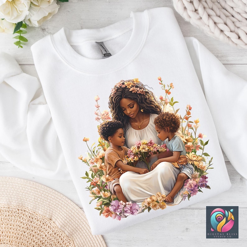 Black Mom And Kids Png Mother's Day Shirt Png Black People Mother Clipart African American Momma Stickers Afro Woman Family Png Design - showing the design in a white sweatshirt mockup
