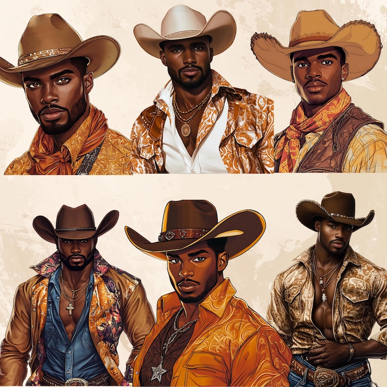 Western Cowboy Black Man Png Bundle Black Boy African American Male Clipart Black People Rodeo Sticker Afro Men Cowboy Hat Graphic Design - showing the design images