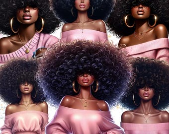 Può includere: Illustrazione digitale di cinque donne con grandi acconciature afro ricci che indossano maglioni rosa a spalle scoperte e orecchini a cerchio dorati. Le donne hanno la pelle scura e guardano la telecamera.