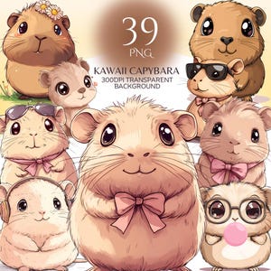 Paquete de imágenes prediseñadas de capibara, diseño de animales kawaii, lindos gráficos de capibara, pegatinas digitales de dibujos animados de anime, diseño de imagen de sublimación de moda