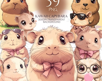 Capybara Clipart Bundle Png Kawaii Animal Design Cute Capybara Graphics Anime Cartoon Digital Sticker Trendy Sublimation Image Design