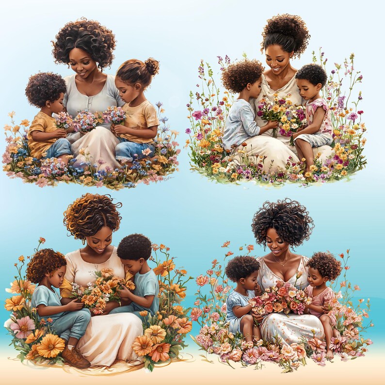 Black Mom And Kids Png Mother's Day Shirt Png Black People Mother Clipart African American Momma Stickers Afro Woman Family Png Design - showing the design images