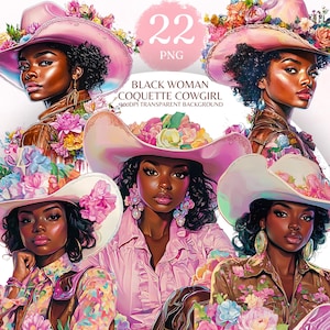 Black Cowgirl Hat Png Print Flower Black Woman Western Coquette Png Wild West Cowgirls Afro Png Western Cowgirl Bundle Cowgirl Boots Flowers