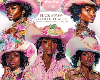 Pacchetto PNG di cowgirl nera con fiori - Western Coquette, Afro Png (download digitale)