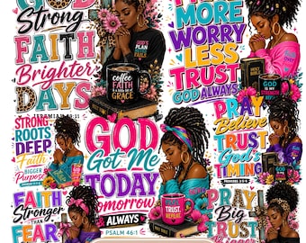 Faith Based Black Woman Png Bundle, Affirmation Afro Women Cliparts, African American Praying Stickers, Retro Catholic Bible Verse Designs