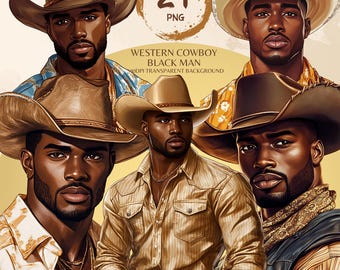 Puede incluir: Un conjunto de 21 ilustraciones digitales de un vaquero negro con un sombrero de vaquero marrón y una variedad de camisas. Las imágenes tienen un fondo transparente.