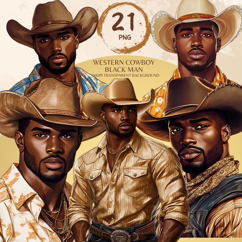 Western Cowboy Black Man Png Bundle Black Boy African American Male Clipart Black People Rodeo Sticker Afro Men Cowboy Hat Graphic Design - showing the design images