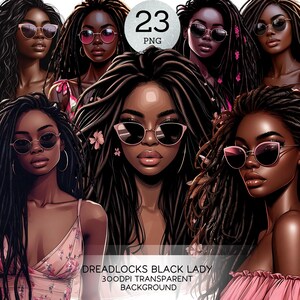 Può includere: Opera d'arte digitale con più ritratti di donne nere con lunghi dreadlocks. Ogni donna indossa occhiali da sole e alcune hanno decorazioni floreali. L'immagine include il testo "23 PNG" e "DREADLOCKS BLACK LADY 300DPI TRANSPARENT BACKGROUND."
