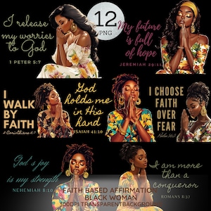 Puede incluir: Una colección de gráficos de afirmación basados en la fe, con ilustraciones de mujeres negras en oración. Cada gráfico incluye textos inspiradores de la Biblia, como "Entrego mis preocupaciones a Dios" y "Elijo la fe sobre el miedo."