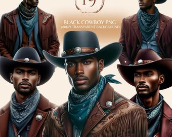 Puede incluir: Cuatro ilustraciones digitales de un vaquero negro con una chaqueta de cuero marrón con flecos, un pañuelo azul y un sombrero de vaquero negro. El fondo es transparente.