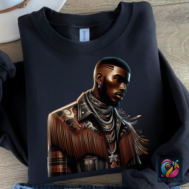 Western Black Cowboy Png Bundle Black Boy African American Male Clipart Black People Rodeo Sticker Afro Modern Man Cowboy Hat Graphic Design - showing the design image in a black sweatshirt mockup