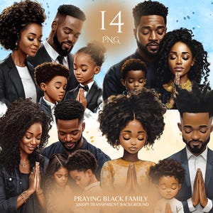Betende schwarze Familie Png-Bundle Glaube basierte Aufkleber afroamerikanische Familien Design schwarze Menschen Grafik schwarzes Paar Kinder beten Clipart